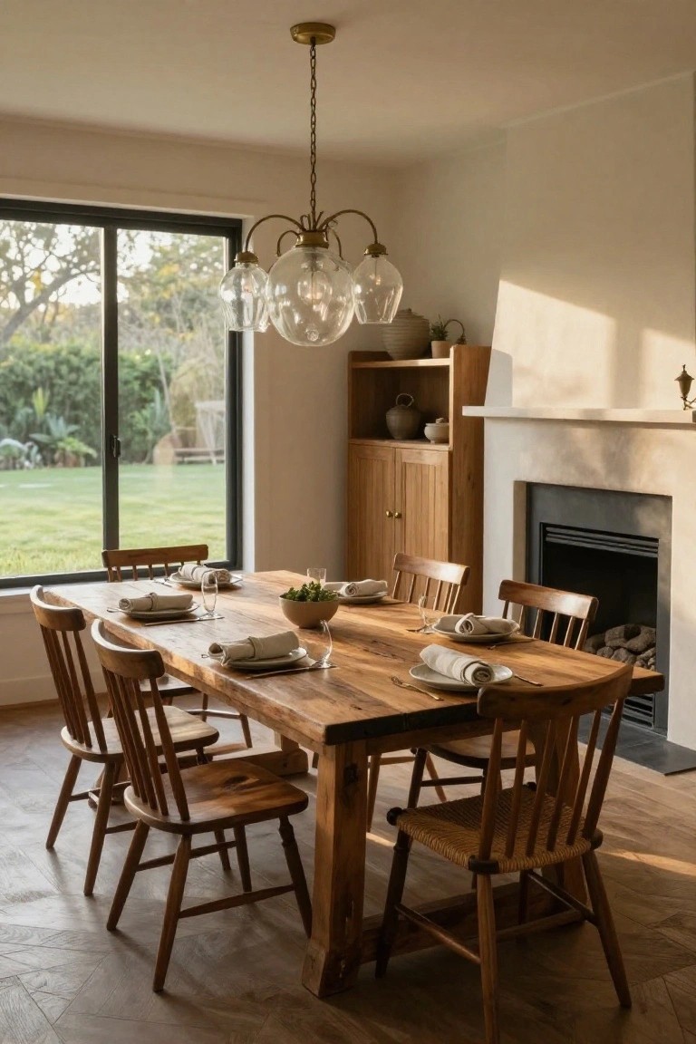 Dining room with long rustic wooden table set for meal, wooden chairs, large window showing garden view, wooden cabinets, stone fireplace, and brass chandelier.
