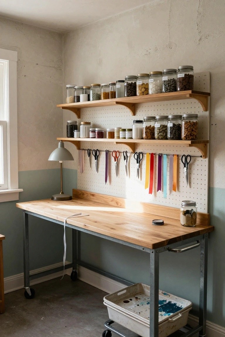 A home workshop features wooden shelves with glass jars filled with supplies, a white pegboard wall holding scissors and ribbons, a wooden workbench on metal legs, and a rolling bin nearby.