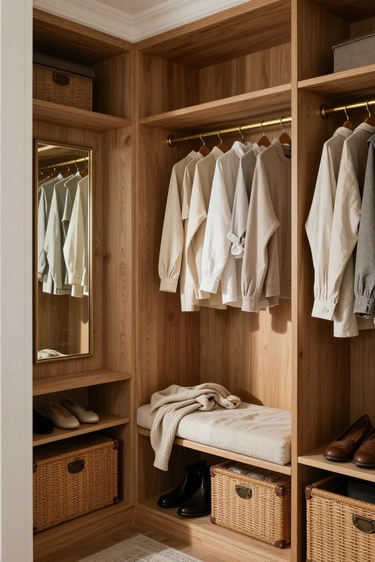 Corner wooden walk-in closet with oak cabinets, brass hanging rods holding white and neutral shirts, built-in bench with folded sweater, shoes on lower shelves, and woven baskets for storage.