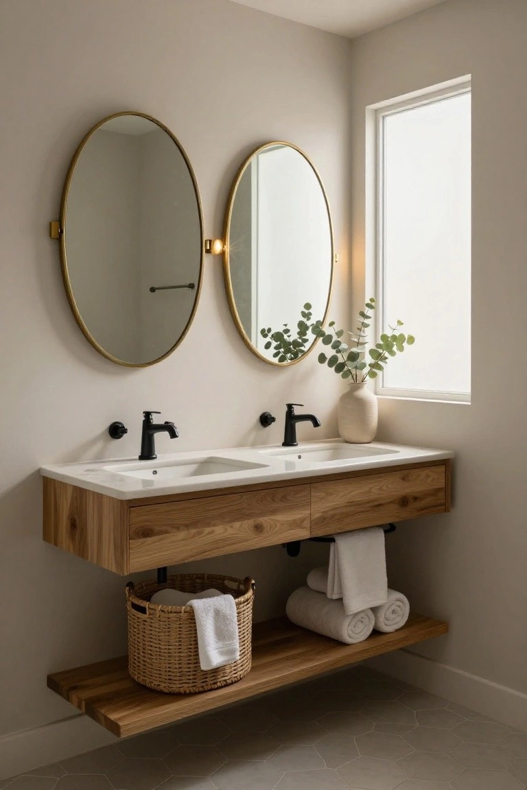 Bathroom with floating light wood double vanity, two white sinks, black wall-mounted faucets, two large gold oval mirrors, eucalyptus in white vase by window, wicker basket holding towels on open lower shelf, and beige hexagonal floor tiles.