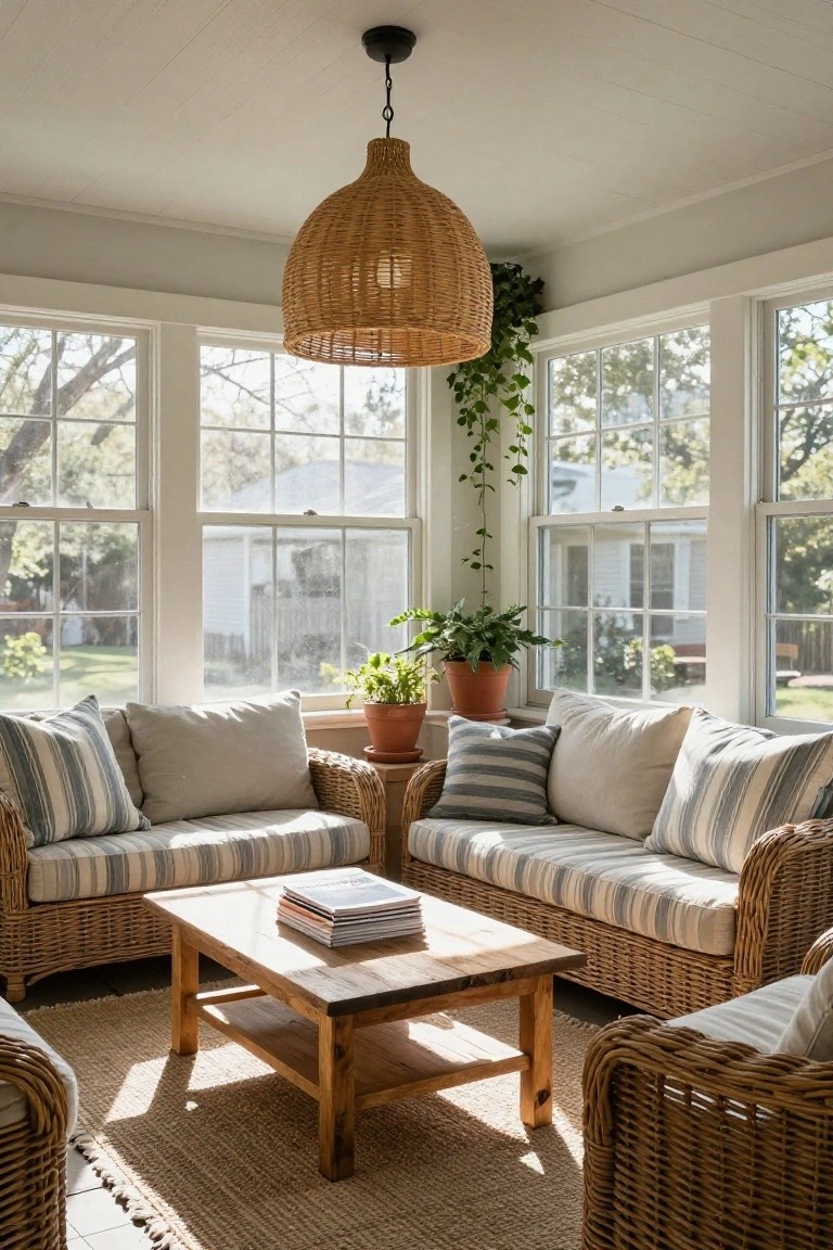 Sunroom corner with four wicker chairs and sofa upholstered in white fabric with blue striped pillows, arranged around a low wooden coffee table on a seagrass rug, large windows on three sides, hanging rattan lamp, and potted plants.