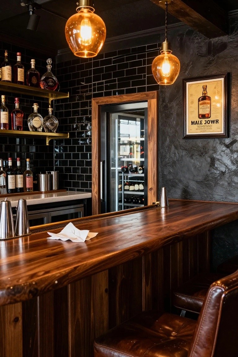 Close-up interior view of a wooden bar counter with live-edge top, black subway tile backsplash, liquor bottle shelves, glassware, pendant lights, and leather bar stools in a dark-walled room.