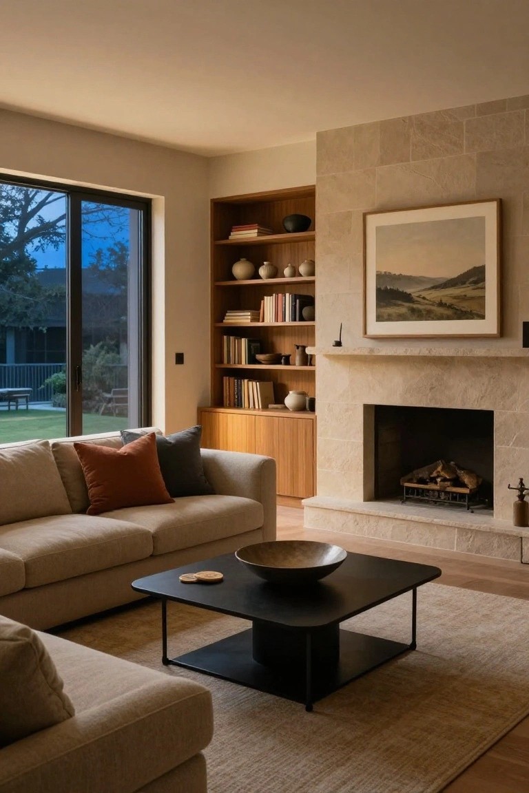 Living room with beige stone fireplace, adjacent wooden built-in bookshelves and cabinets filled with books and pottery, neutral fabric sofa, black metal coffee table with bowl, and large sliding doors to garden view.