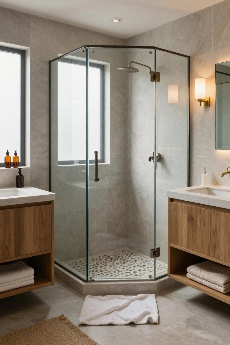 Contemporary bathroom with dual light oak vanities and white stone sinks flanking a clear glass corner shower enclosure with pebble tile floor, light gray stone walls, and wall sconces.