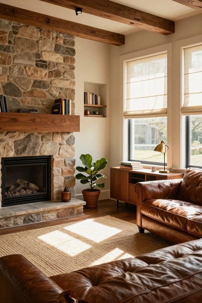 Living room interior with a tall stone fireplace under a wooden mantel, exposed wooden ceiling beams, tan leather L-shaped sofa on a jute rug, wooden credenza with lamp and plant, bookshelves, and large windows with sheer shades.