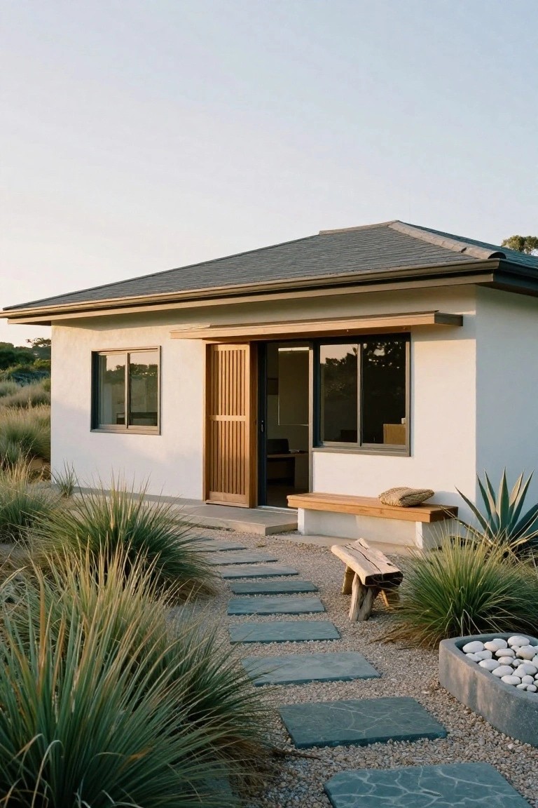 White stucco house exterior with gabled roof, open wooden slatted sliding doors, wooden bench beside entry, stepping stone path through grasses and agave plants with pebbles.