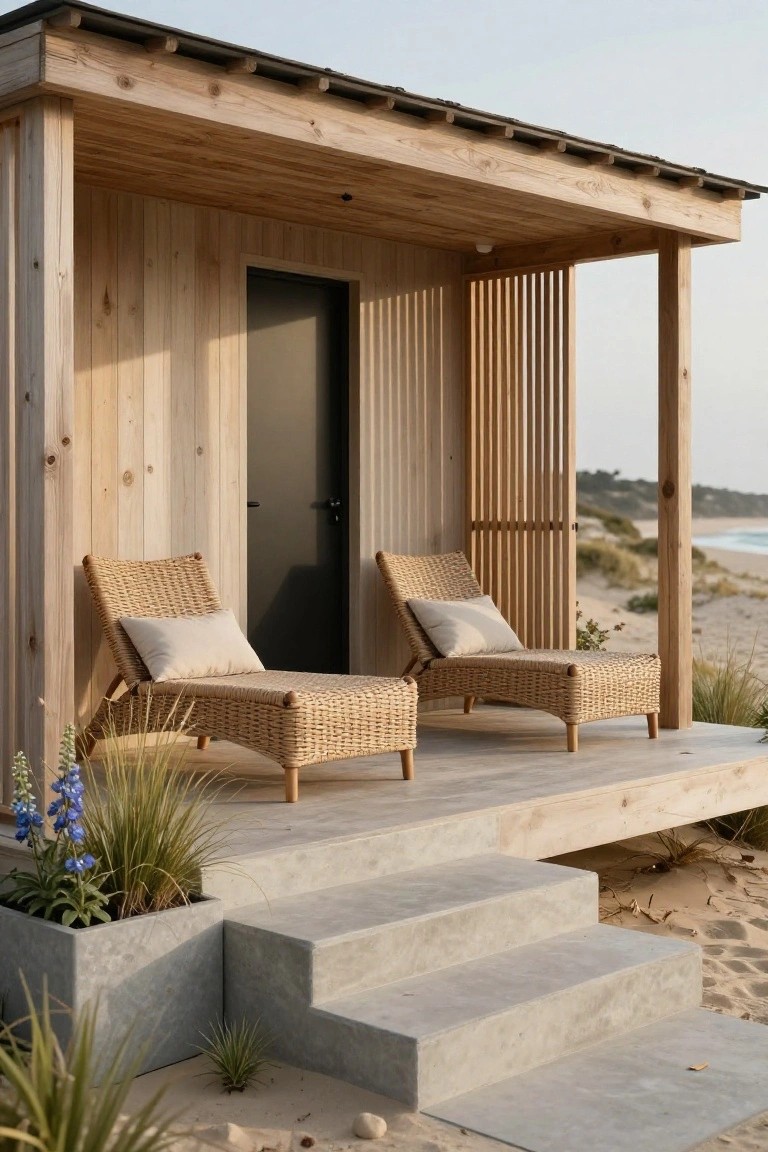 Small wooden cabin with light wood cladding, black front door, and vertical slat screen on an elevated gray concrete deck overlooking beach dunes, with two beige rattan loungers with white cushions, potted blue flowers and grasses, and steps down to sand.