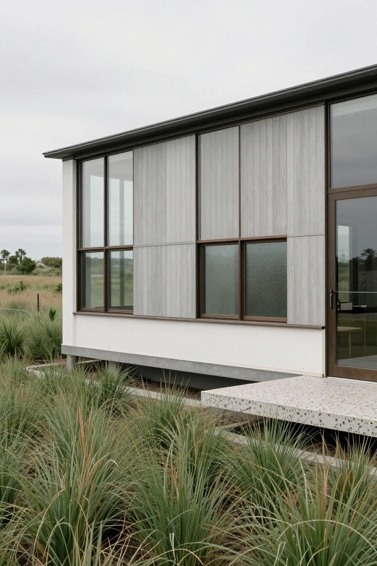 Side view of a modern single-story house with vertical light gray wood cladding on one wall, large fixed glass windows, a glass entry door, white lower wall, elevated concrete base, and tall native grasses in front under gray skies.
