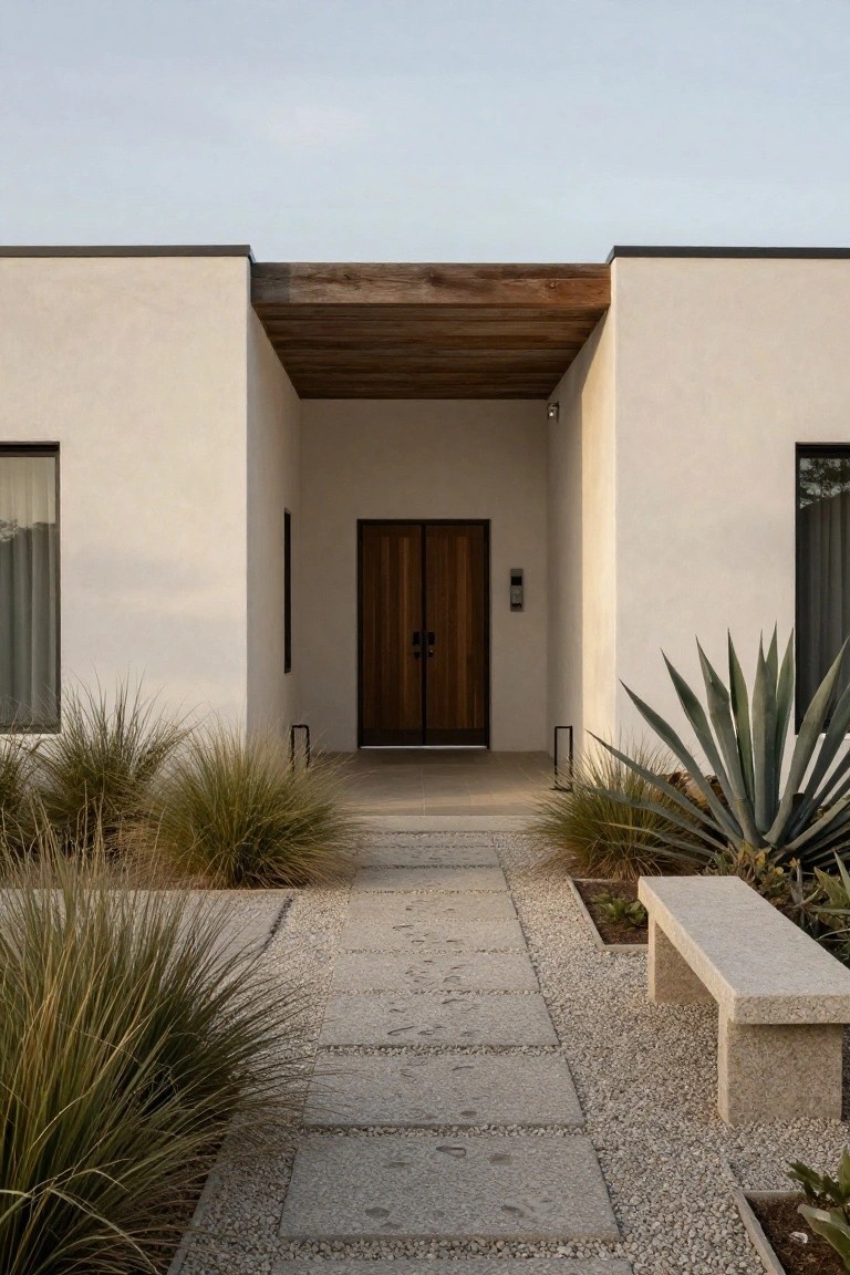 Beige stucco house exterior with recessed dark wood double doors under a protruding wood beam canopy, flanked by narrow windows, agave plants, grasses, a stone pathway, and a stone bench.