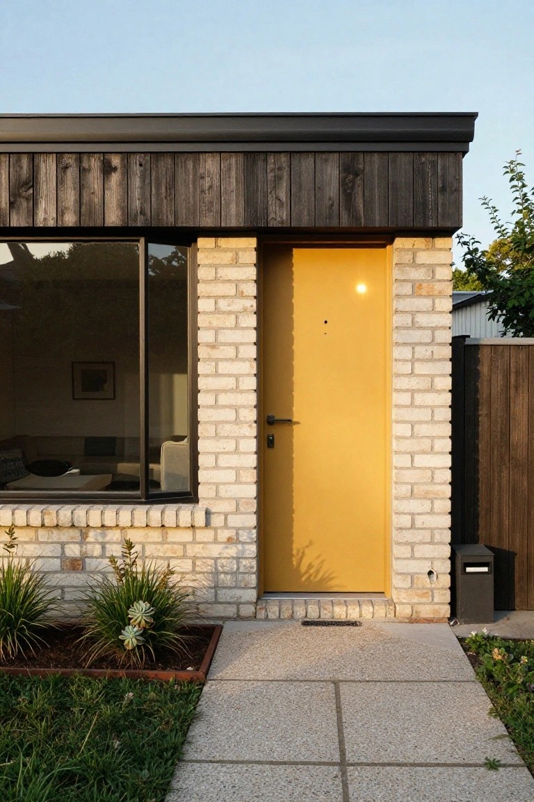 Exterior of a small modern house with beige brick lower walls, dark wood cladding on the upper section and roof edge, a bright yellow front door, large dark-framed window next to it, concrete path to the door, and low landscaping in front.