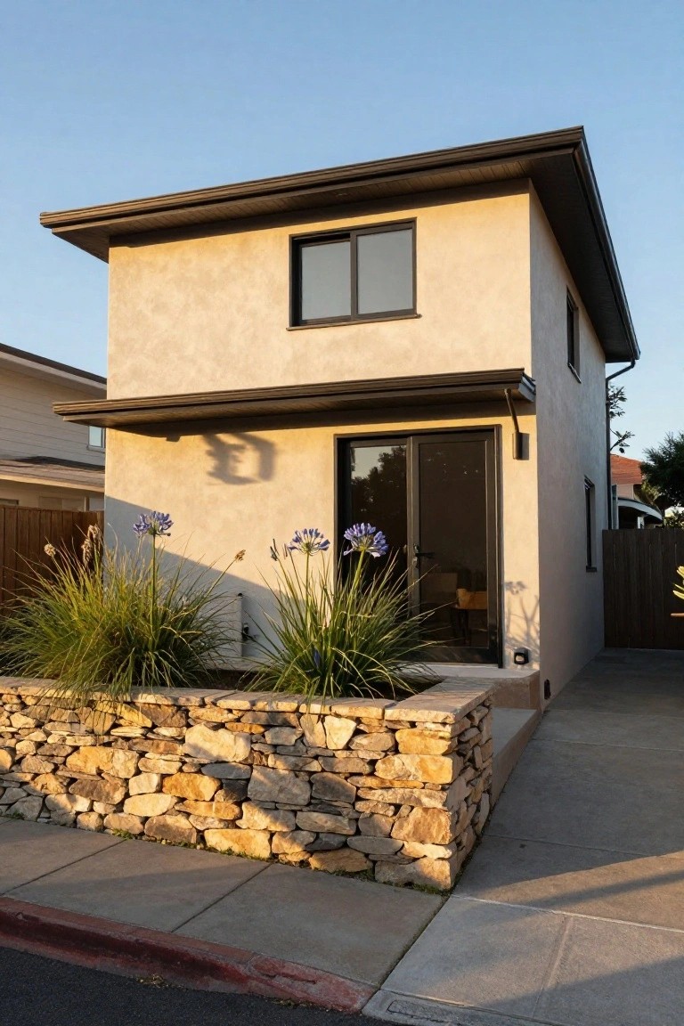 Two-story beige stucco house with black metal-framed windows and sliding glass entry door under a cantilevered overhang, bordered by agave plants and a low stone retaining wall on a concrete driveway.