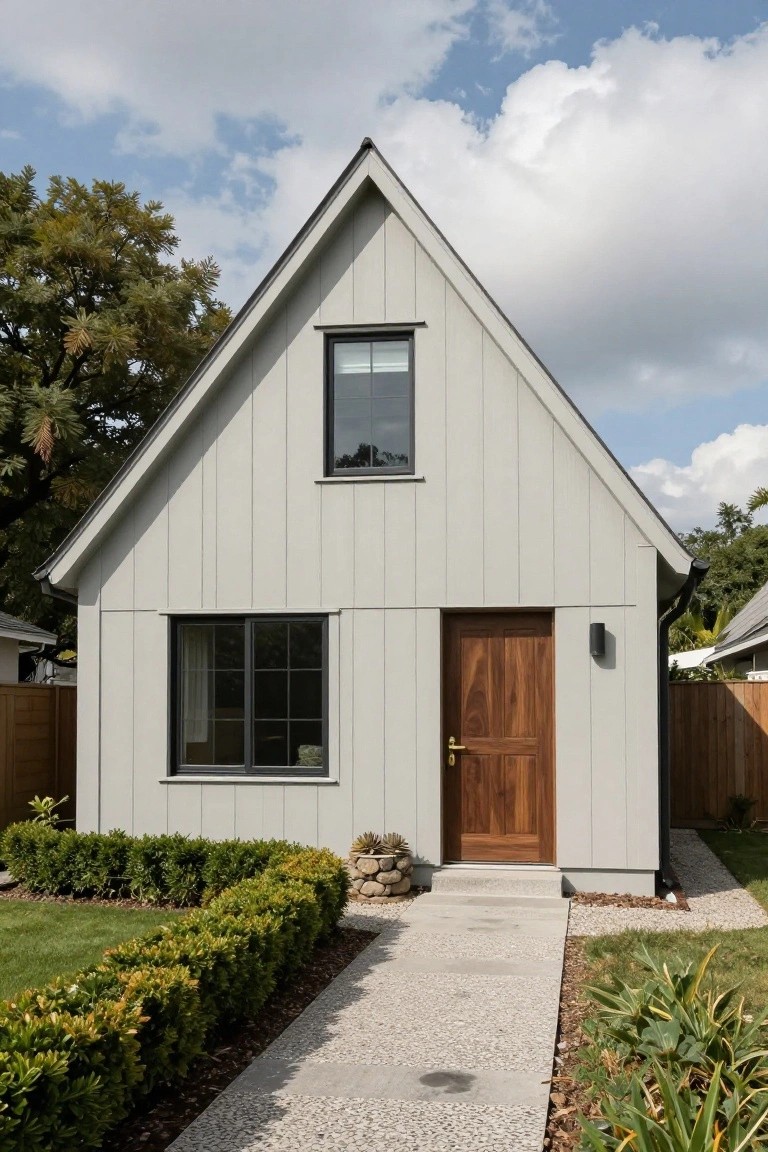 Front view of a small single-story house with light gray vertical board-and-batten siding, steep gabled roof, black-framed windows, dark wood entry door with brass handle, concrete steps, gravel path, boxwood hedges, and surrounding lawn and trees.