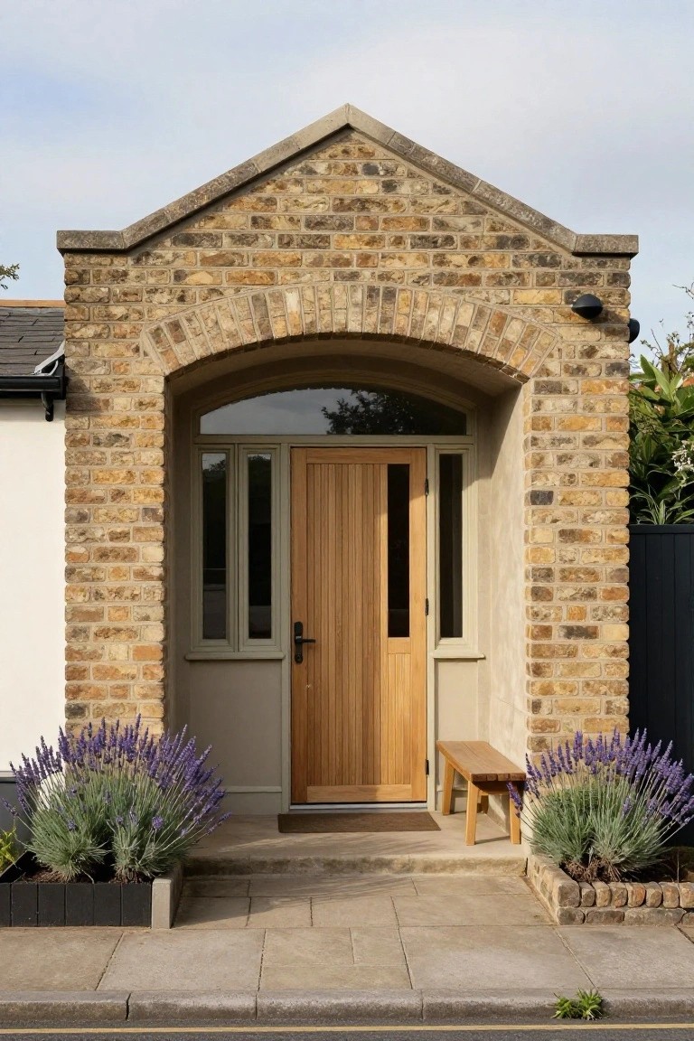 Front exterior of a brick house with an arched porch entrance, wooden door with vertical glass panel and sidelights, wooden bench to the right, lavender plants in planters on both sides, and stone paving leading to the street.