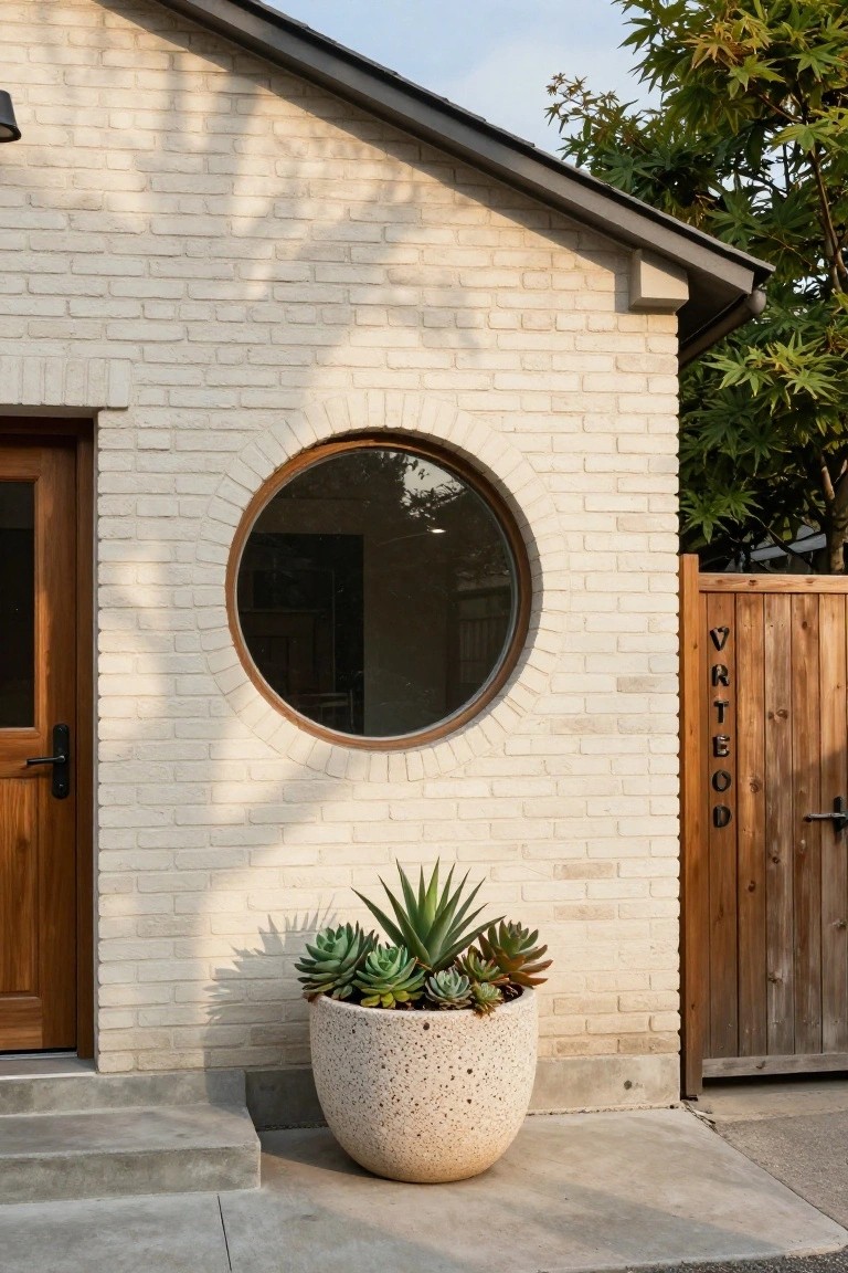 White brick house exterior corner with brown wooden entry door, round window in brick wall, large textured stone pot of succulents on concrete steps, and wooden gate with lettering on the side.