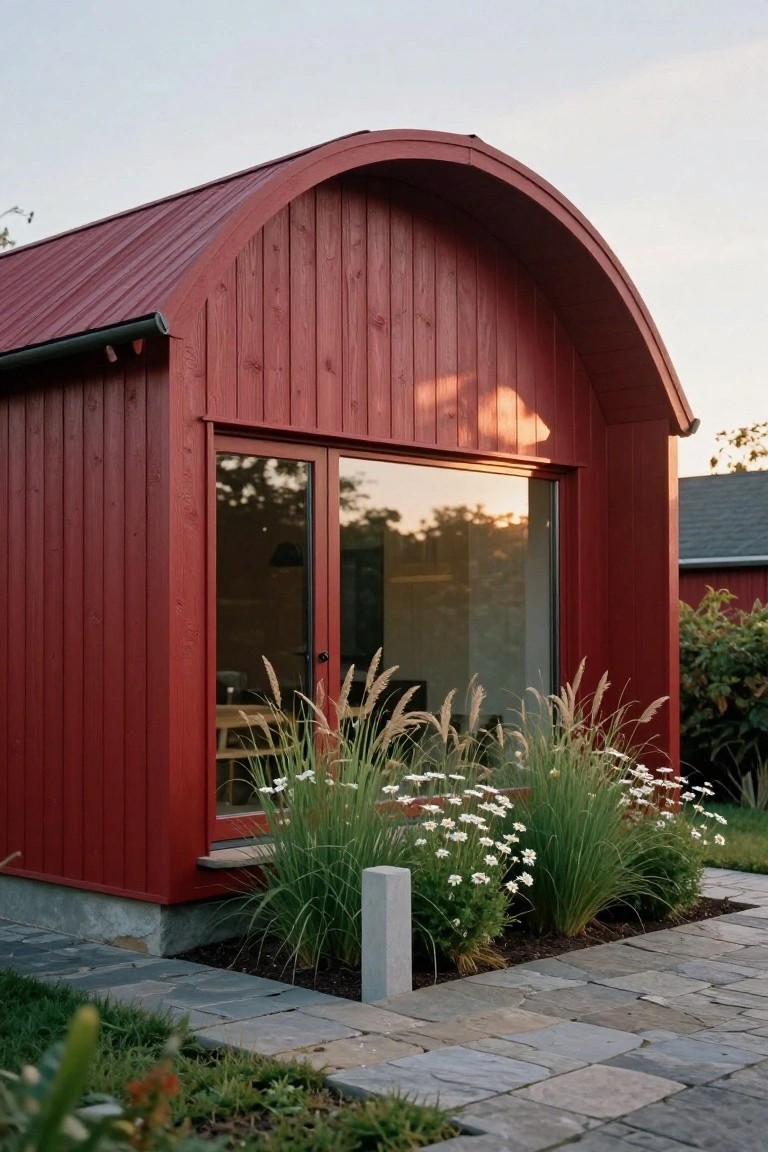 Red wooden cabin with arched roof, vertical board cladding, large glass entry doors, flanked by tall ornamental grasses and white flowers beside a stone path.