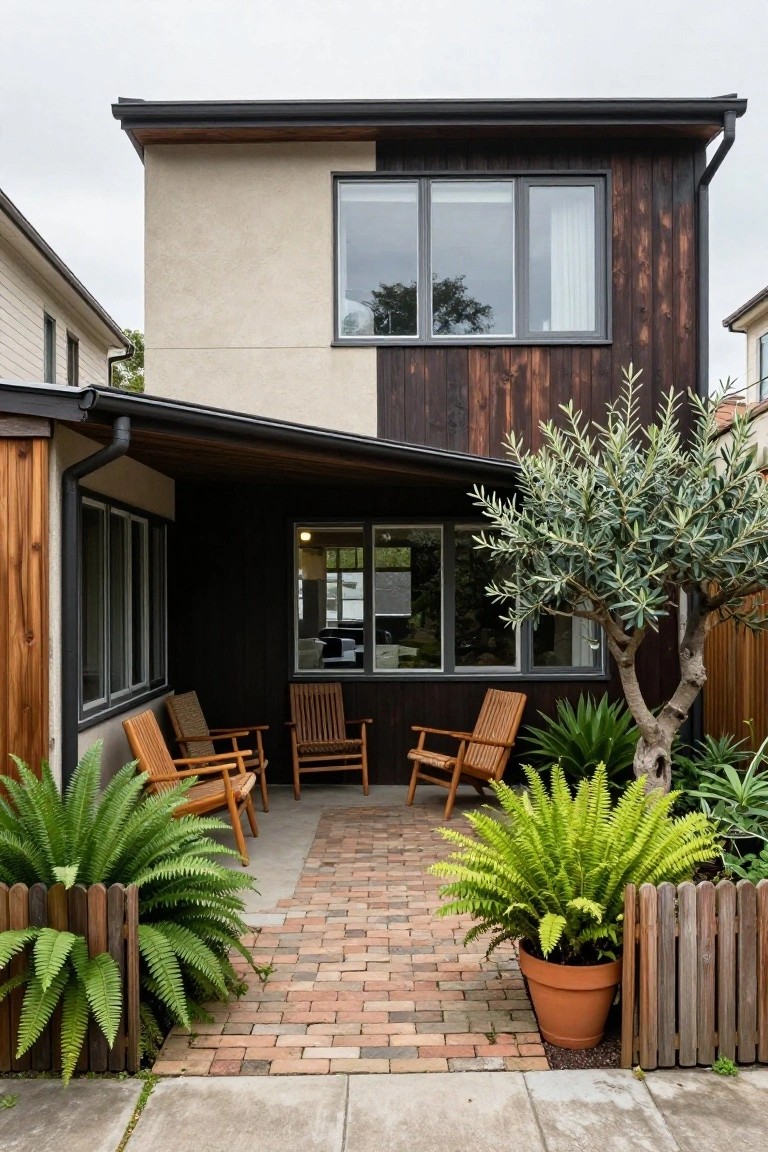 Two-story house exterior with beige plaster on one side and dark vertical wood cladding on the other, featuring a covered porch area with wooden chairs, a brick pathway, potted ferns, an olive tree, and a low wooden fence.