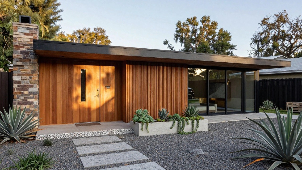 Modern house front exterior with beige stone walls framing a vertical wooden door, black wall light, concrete steps leading to a doormat, timber screen beside glass sliding doors, and concrete planter of agave and succulents on a paved entry path.
