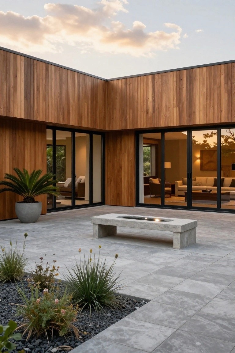 Modern house corner with vertical wood cladding and large black-framed sliding glass doors opening to a gray-tiled patio, featuring a central rectangular concrete bench with integrated linear fire trough, potted palm tree, and low native plants in gravel borders.