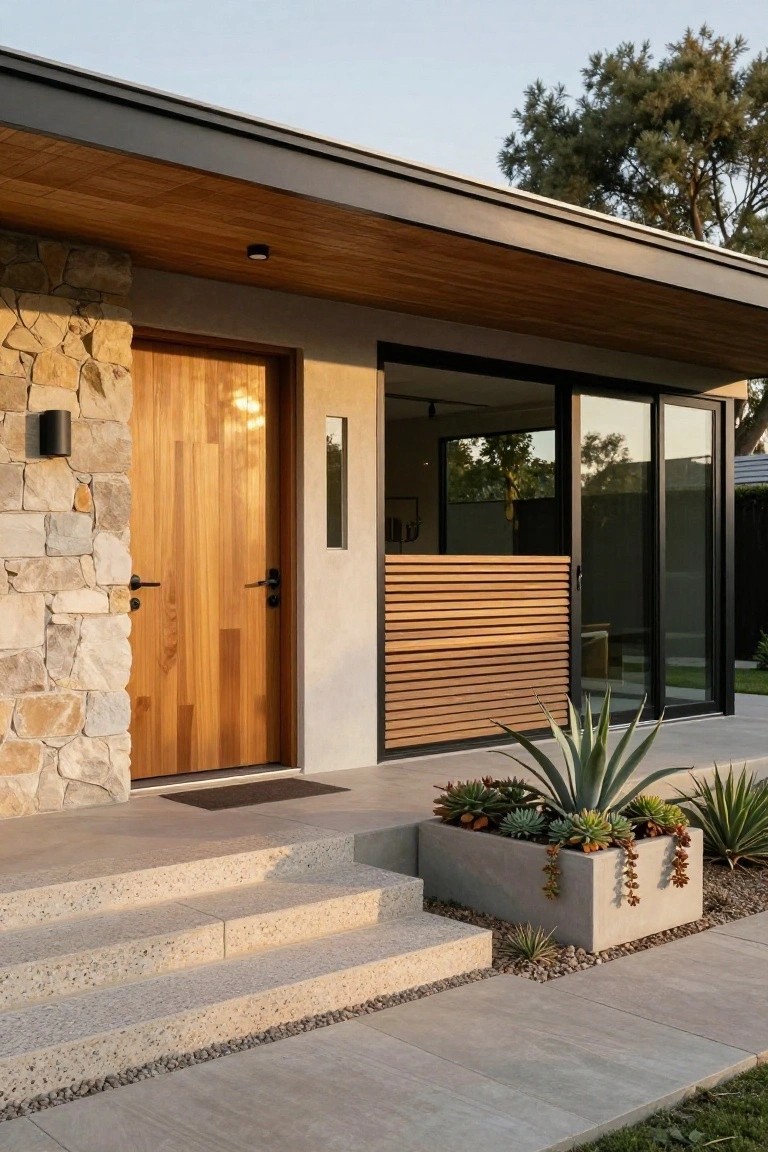 Modern house front exterior with beige stone walls framing a vertical wooden door, black wall light, concrete steps leading to a doormat, timber screen beside glass sliding doors, and concrete planter of agave and succulents on a paved entry path.