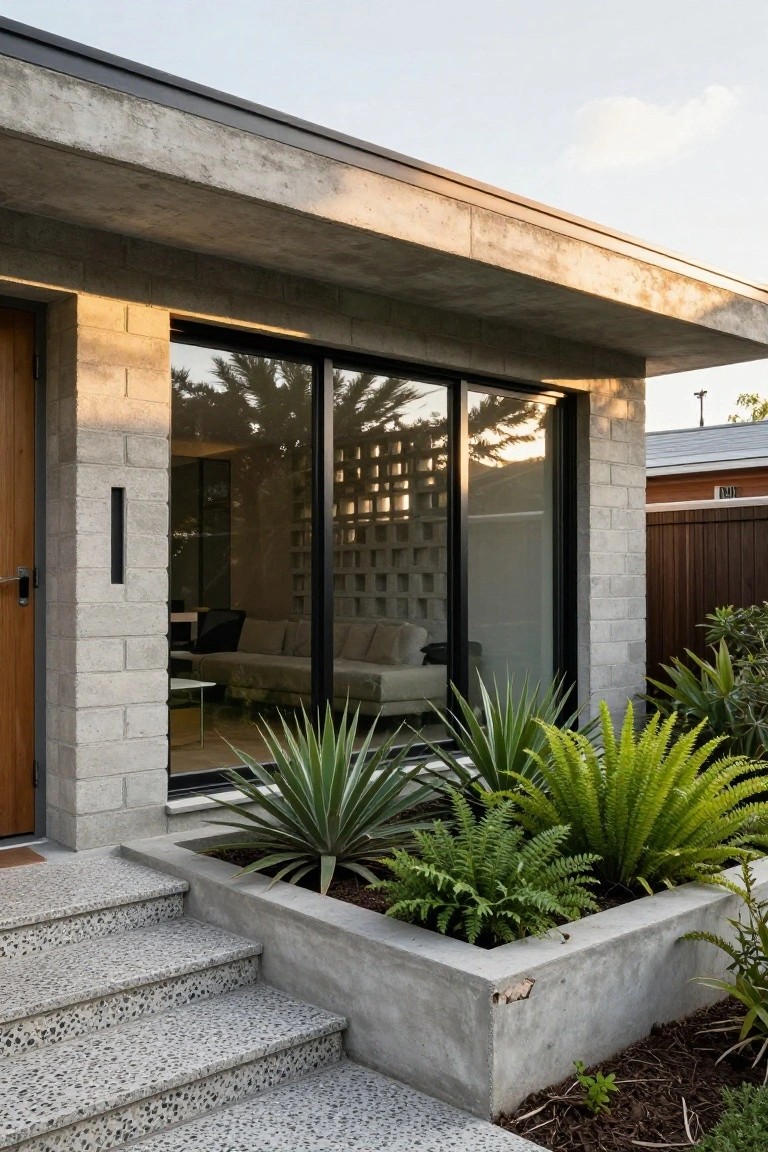 Modern house front exterior featuring raw concrete block walls and overhang, a wooden entry door, large reflective glass window with concrete block screen, pebbled concrete steps, and adjacent raised concrete planter box with agave plants and ferns.