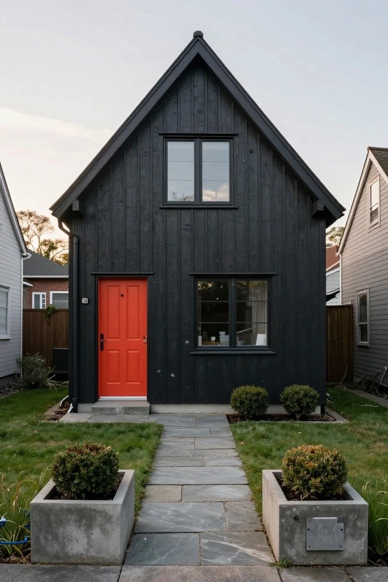 Small gabled house with black vertical wood siding, red front door, large side window, flanked by concrete planters with shrubs and a slate stone walkway in a residential neighborhood.