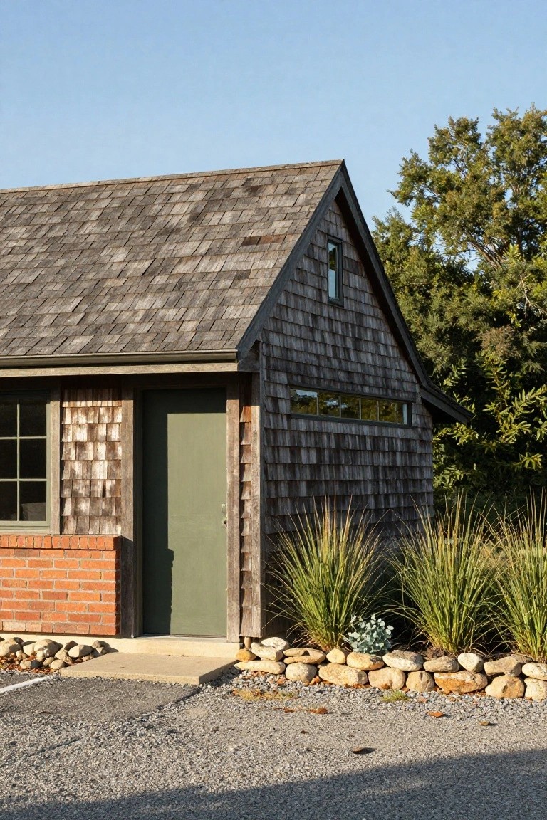 Side view of a small gabled outbuilding with gray wood shingle siding, a green entry door, single-pane window, brick foundation base, ornamental grasses, rocks, and gravel driveway.