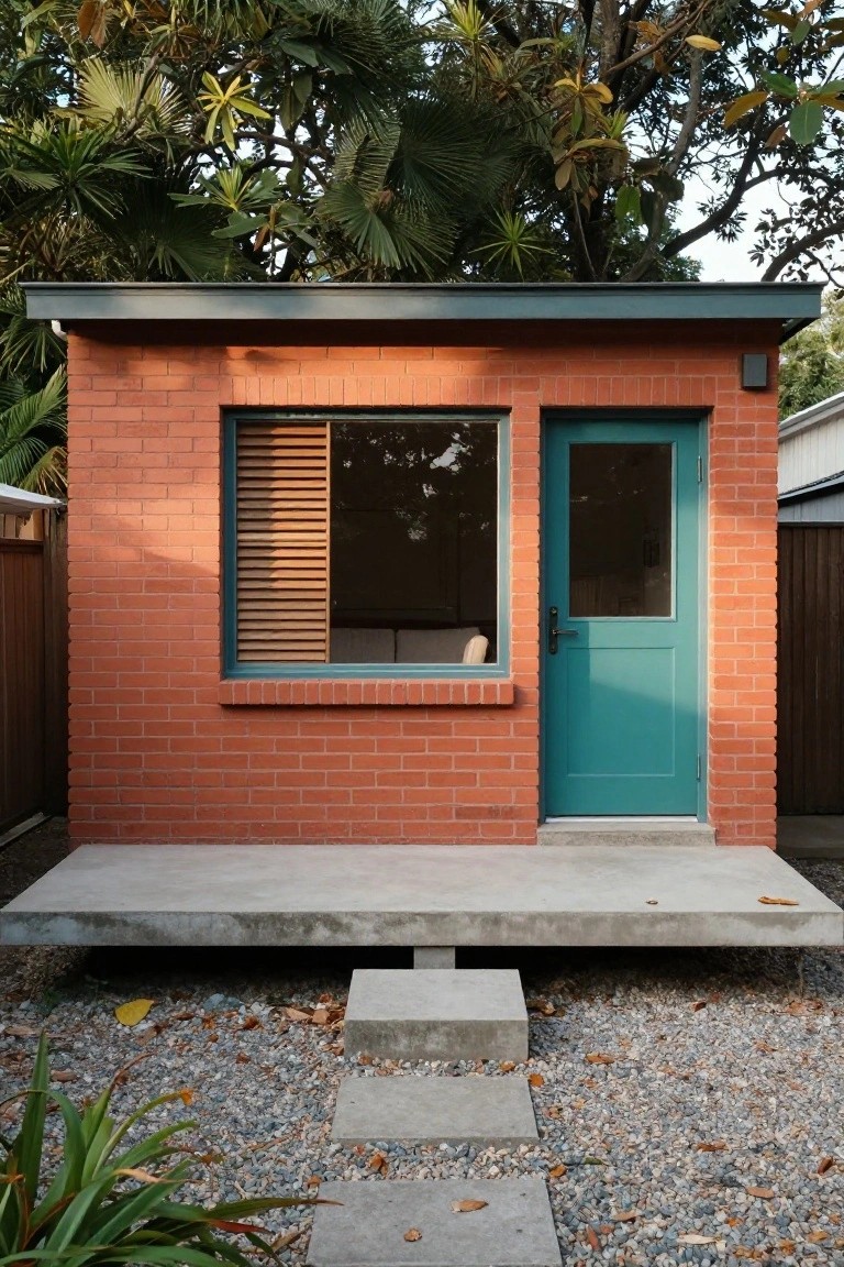 Small red brick building elevated on a concrete platform with a turquoise front door, slatted timber shutters over a window, concrete steps leading up, gravel ground cover, and tropical plants around.