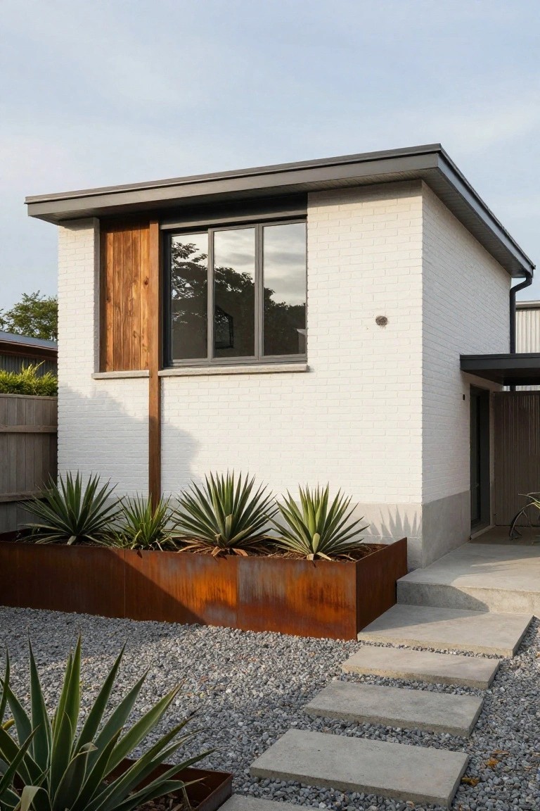 Compact white brick house with vertical wood cladding beside a large dark-framed window, corten steel planters holding agave plants, gravel yard, and concrete steps to a covered entry.