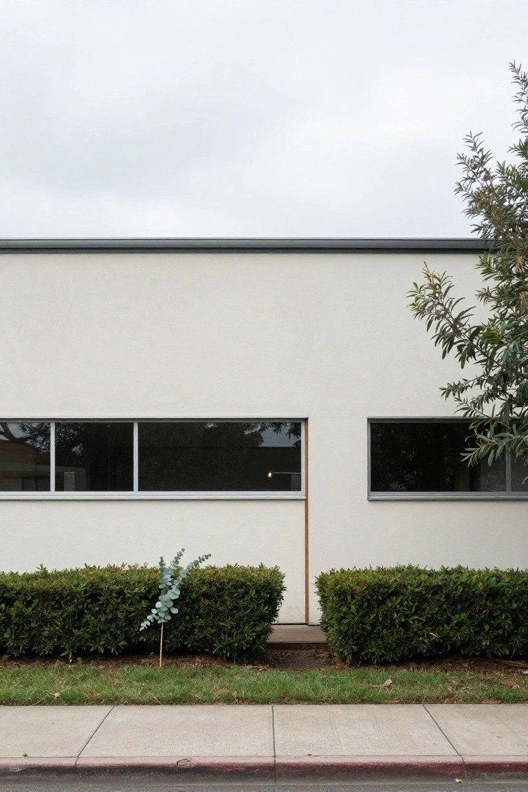 White stucco mid-century modern house exterior featuring large dark-framed horizontal windows, a thin vertical rod along the wall, low clipped green hedges, and a single eucalyptus branch staked in the front yard next to a sidewalk.