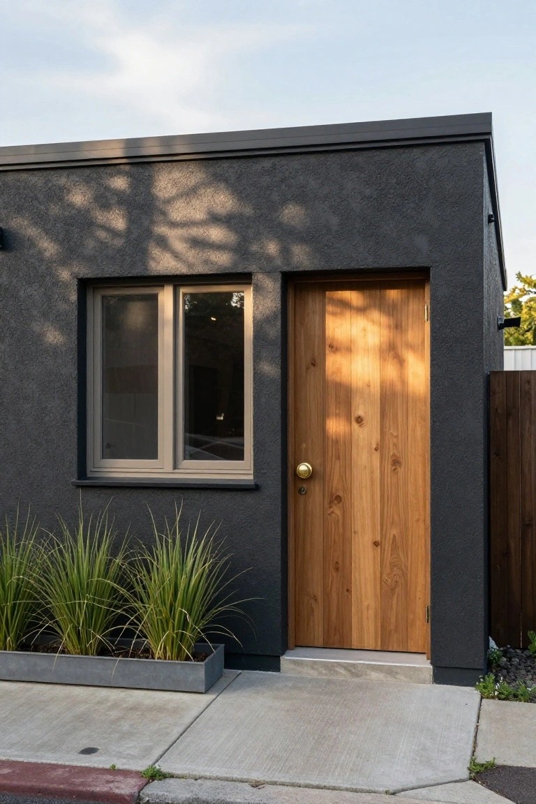 Exterior view of a small modern house with dark textured stucco wall, a light wooden entry door with brass knob, adjacent window, metal planter of grasses, and concrete sidewalk.