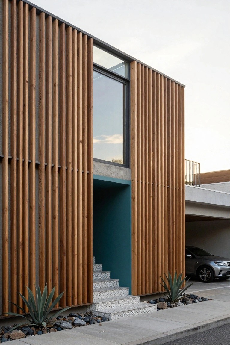 Modern two-story house exterior with vertical wooden slats on the facade, a teal recessed entry area with speckled concrete stairs flanked by agave plants, a parked silver SUV in the open garage below, and a concrete balcony above.