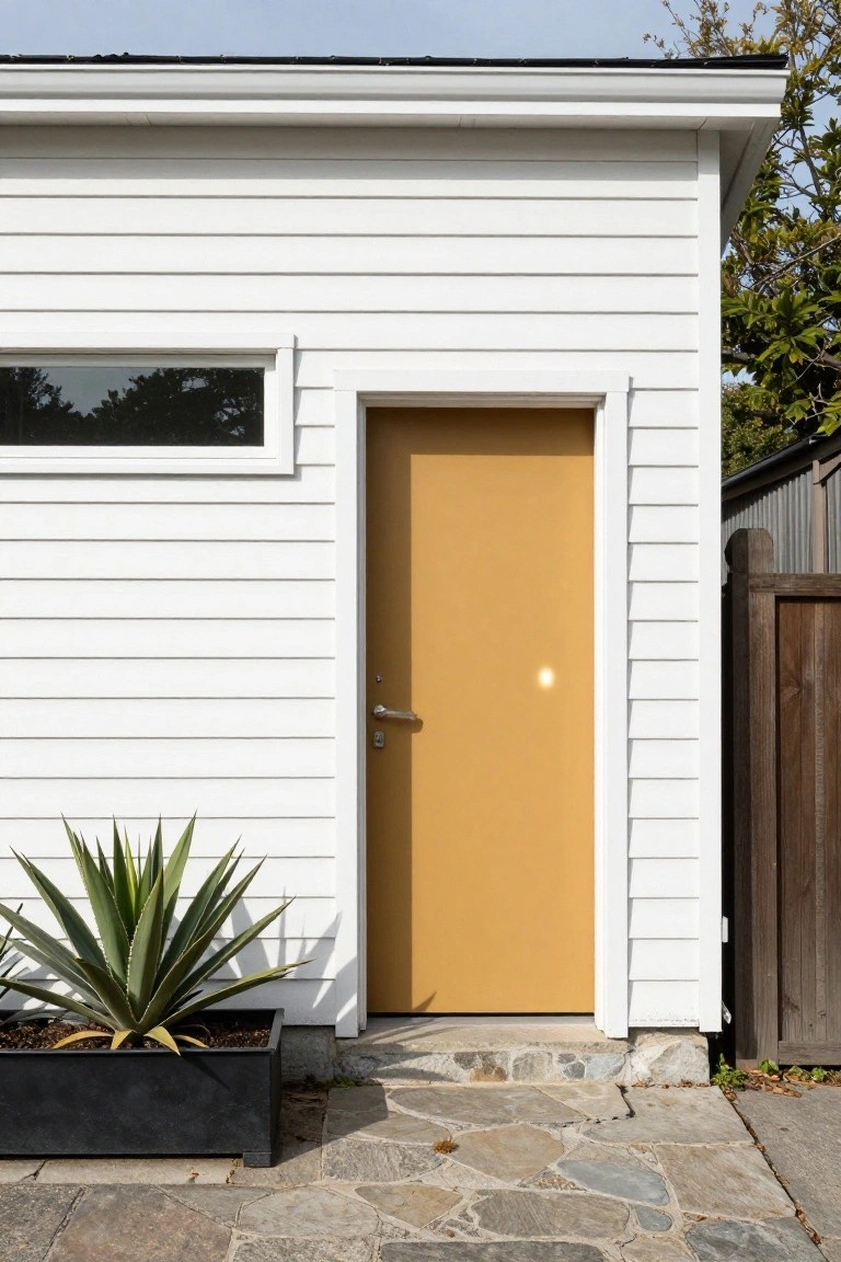 White clapboard shed building with yellow front door, small horizontal window above, black planter of agave plant to the left, stone paver path, and wooden fence on the right.