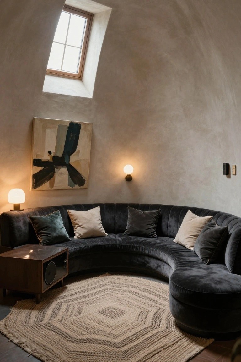 Curved black velvet sofa in a rounded beige plaster room with abstract wall art, globe lamps, wooden credenza, and octagonal woven rug on the floor.