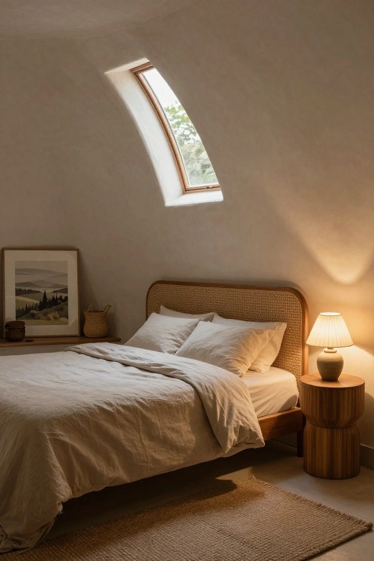 Dome-shaped bedroom interior with curved beige walls, round window, rattan headboard bed with white linens, wooden stool holding a lamp, framed landscape artwork, and seagrass rug on the floor.