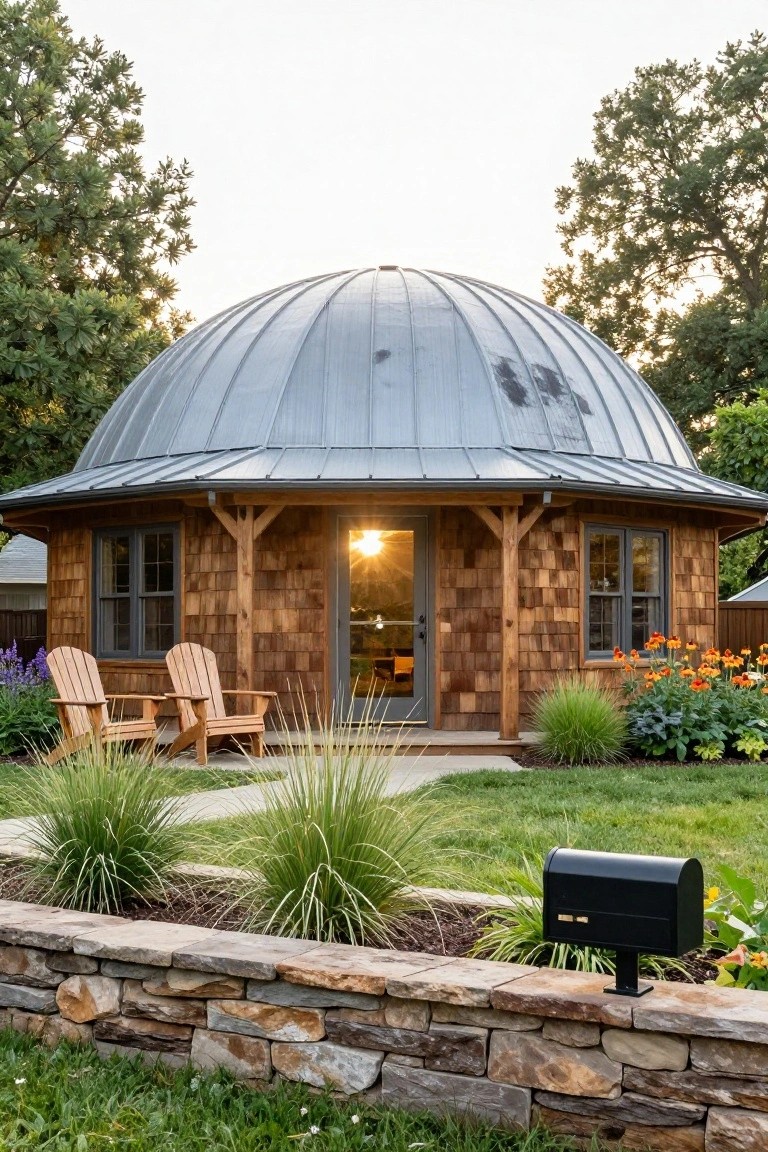 Small dome-shaped cabin with gray standing-seam metal roof and brown cedar shingle siding on curved walls, featuring a glass door with sidelights, two Adirondack chairs on a concrete patio, ornamental grasses and flowers in front, stone retaining wall, black mailbox, and trees in the background.