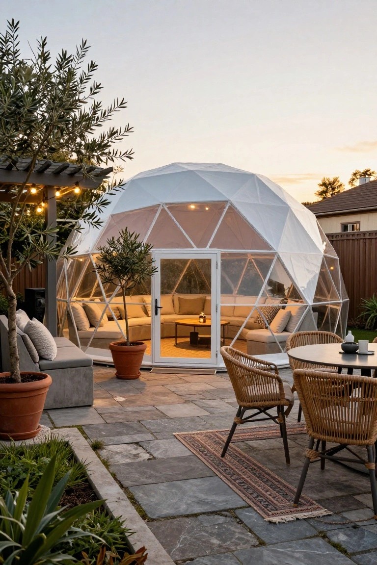 White geodesic dome enclosure on a stone patio in a backyard, containing beige sectional sofa and low table, surrounded by potted plants, olive trees, wicker chairs, and a wooden pergola.