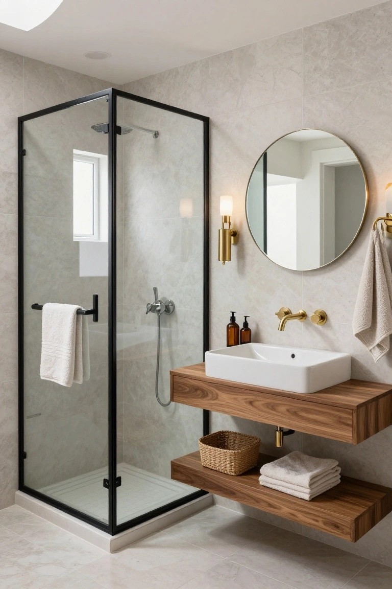 Modern bathroom interior with black-framed glass shower, floating wooden vanity and shelf holding white sink, round gold mirror, wall sconce, and neutral stone tiles on walls and floor.