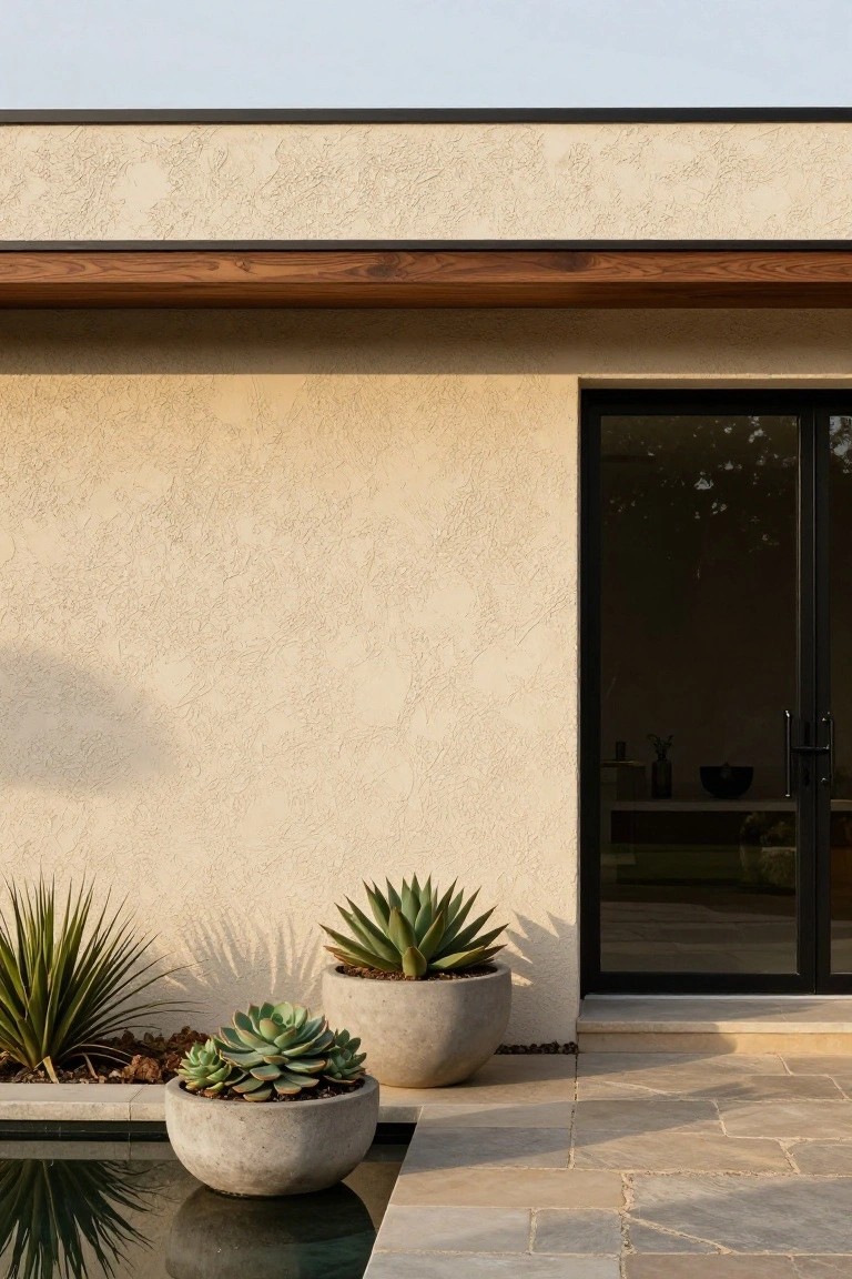 Beige textured stucco wall of a modern house with black sliding glass door, wooden overhang above, potted succulents in gray pots near a pool edge, and stone paver patio.