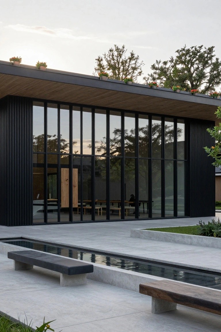 Modern house exterior featuring black vertical siding, large multi-pane glass wall, wooden roof overhang with plants, concrete benches, narrow reflecting pool, and surrounding landscaping.