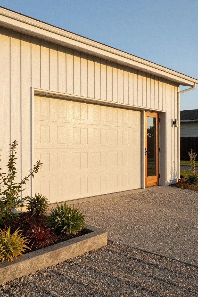 White vertical board-and-batten siding on a modern garage facade with a large paneled garage door, wooden side entry door with glass panel, gravel driveway, and low plantings in a concrete-edged bed at sunset.