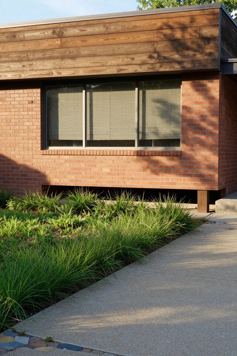 House exterior corner with red brick lower wall under light brown horizontal wood cladding, large window with blinds, grasses at base, and concrete path edged with stones.