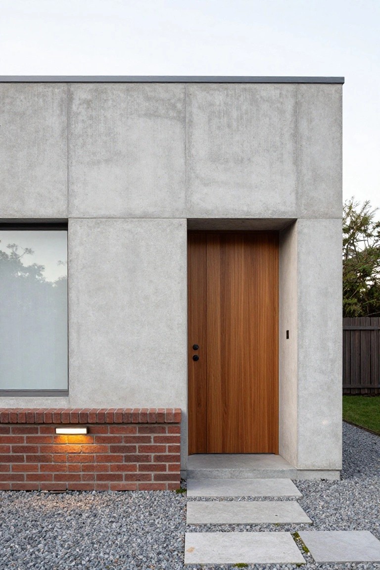 Gray concrete paneled wall of a modern house with a recessed wooden front door, frosted glass window to the side, illuminated brick base, concrete steps, and gravel yard.