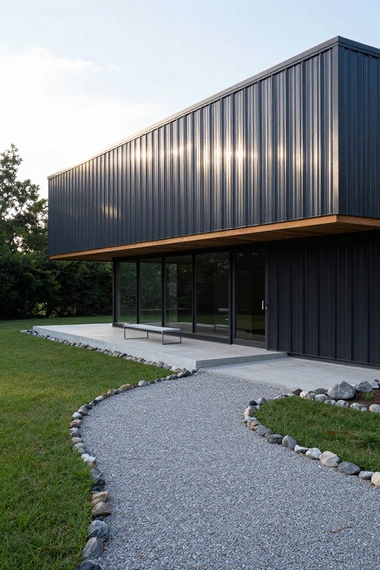 Modern house exterior featuring black corrugated metal siding on the facade, a wooden cantilevered overhang above large glass sliding doors, a concrete deck with a bench, and a curved gravel path edged with rocks in a grassy yard.