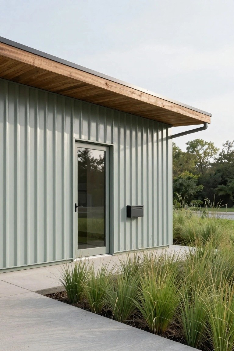 Side view of a small modern building with pale green corrugated metal siding, wooden roof overhang, glass entry door with black handle, black mailbox, concrete sidewalk, and tall ornamental grasses beside it.