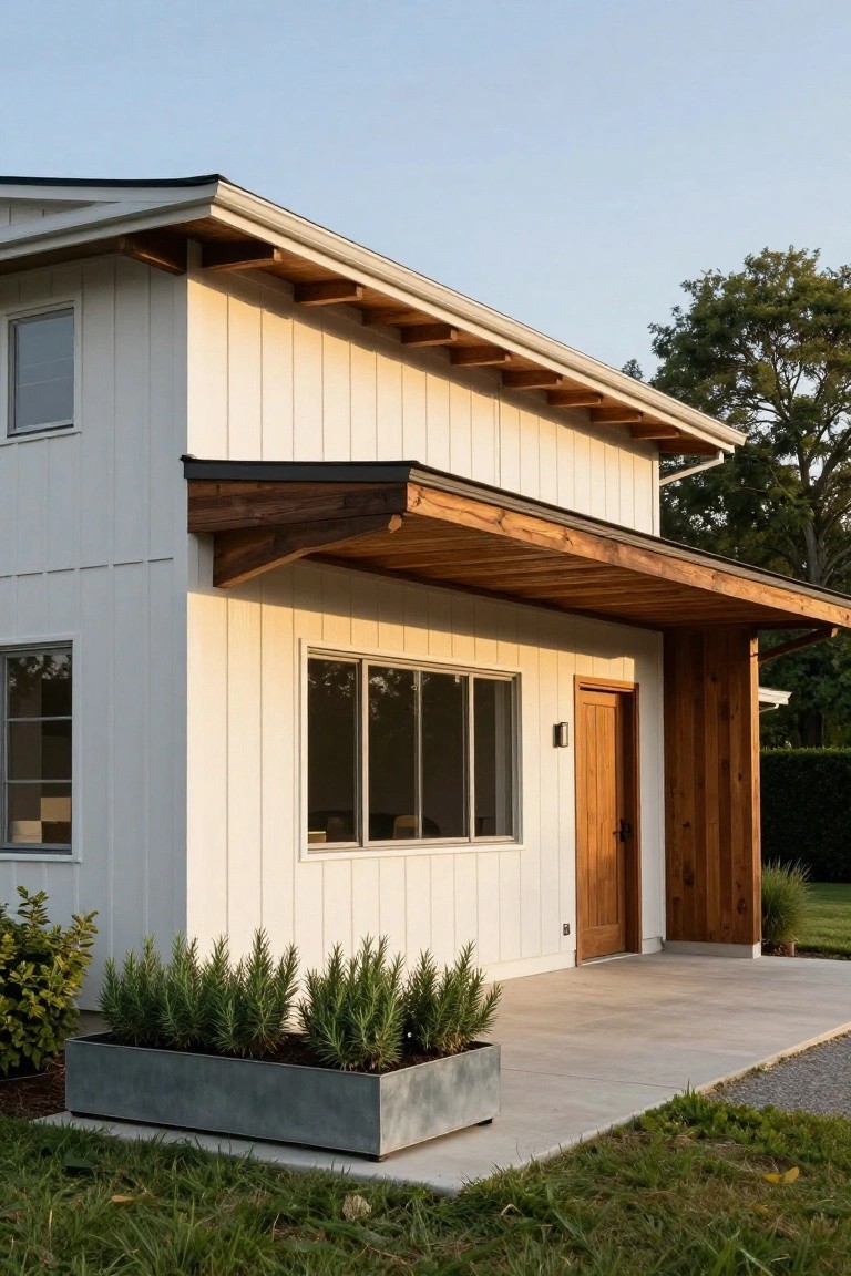 Side exterior view of a two-story house featuring white vertical board-and-batten siding, a covered entry porch with wood beams, a wood door, large windows, potted rosemary plants, and a concrete patio edged by gravel and grass.
