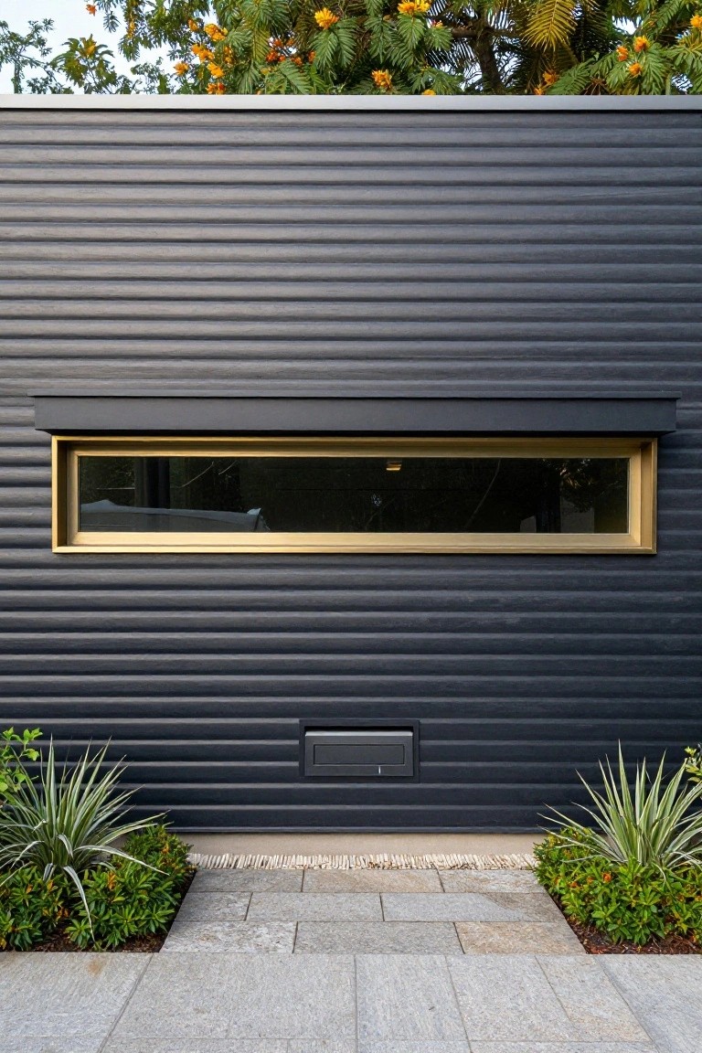Dark gray corrugated metal siding on a house exterior wall with a narrow horizontal gold-framed window above a small vent, flanked by agave plants and a stone tile pathway.