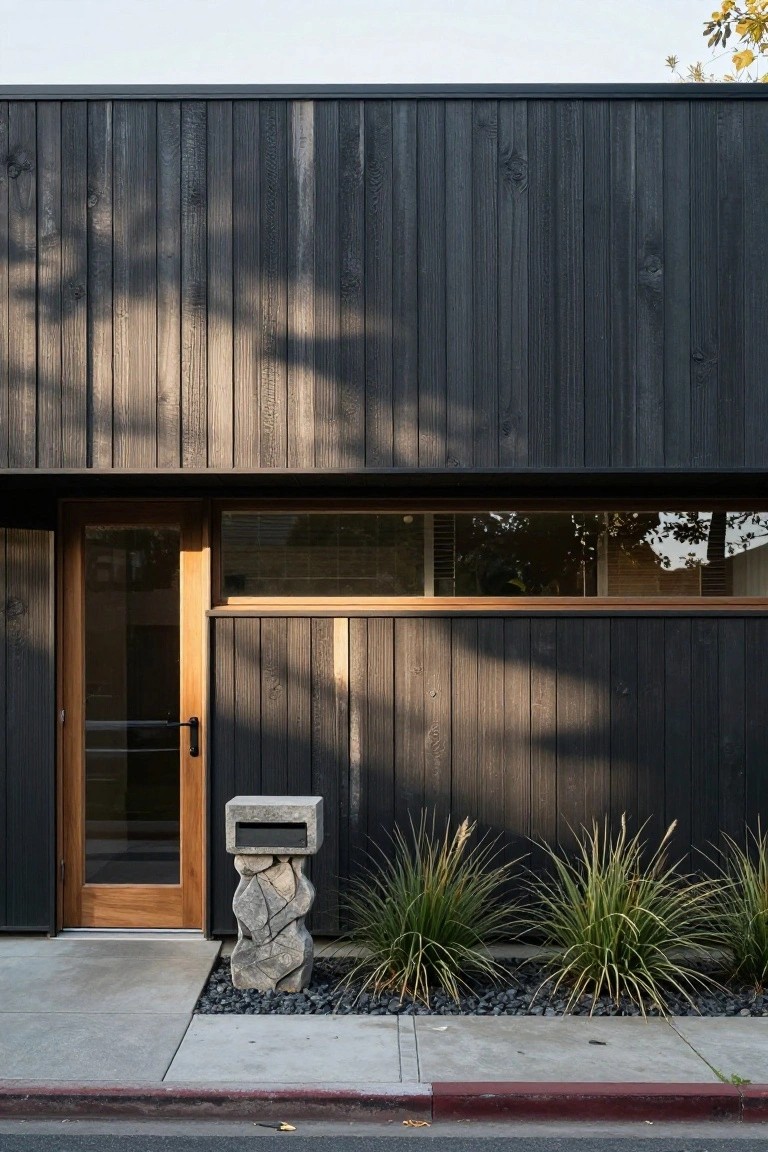 Modern house exterior featuring dark vertical wood plank siding, a glass-paneled wooden entry door, a stone pedestal mailbox, ornamental grasses, and gravel mulch next to a concrete sidewalk.