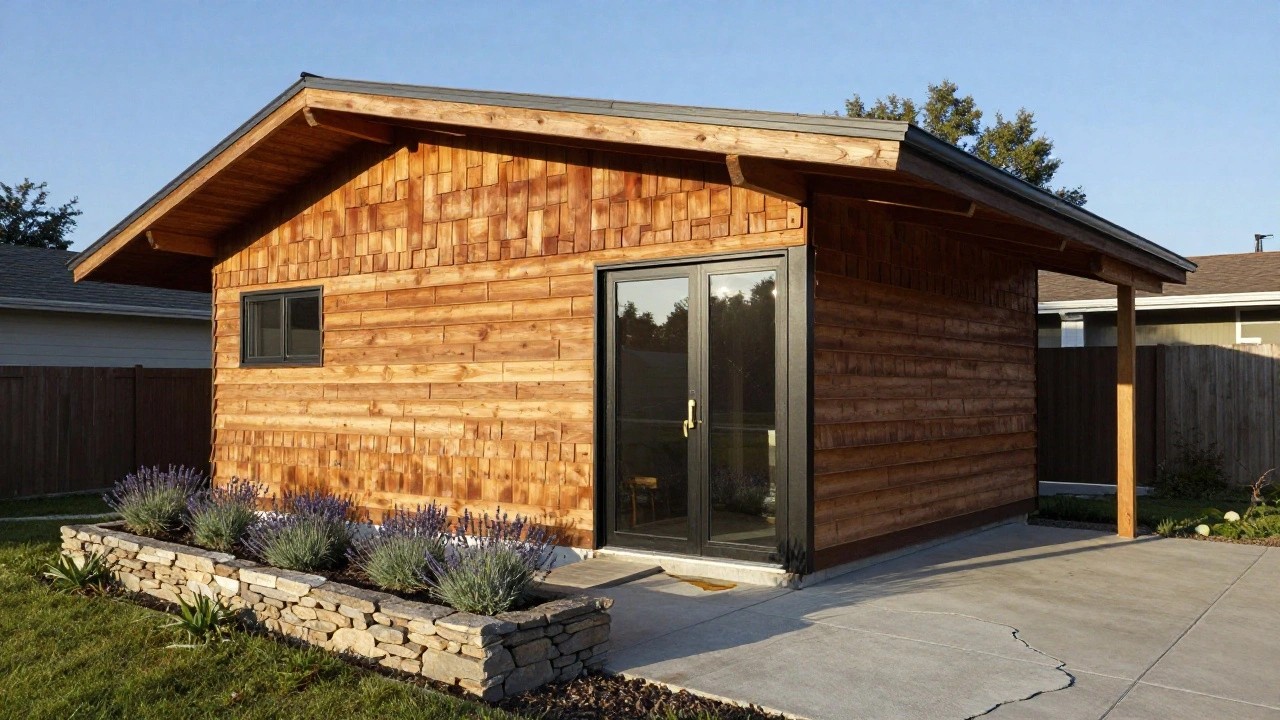 Small wooden outbuilding with horizontal plank siding, black-framed glass door, concrete step and path with cracks, lavender plant in front, wooden fence, grass, and trees in background.