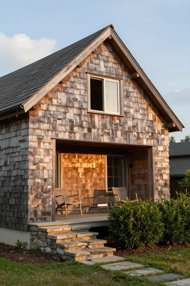 Shingle-clad house exterior with gabled black roof, open porch holding two wicker chairs, glass door and window on porch, stone steps, boxwood shrubs, and grass path in front.