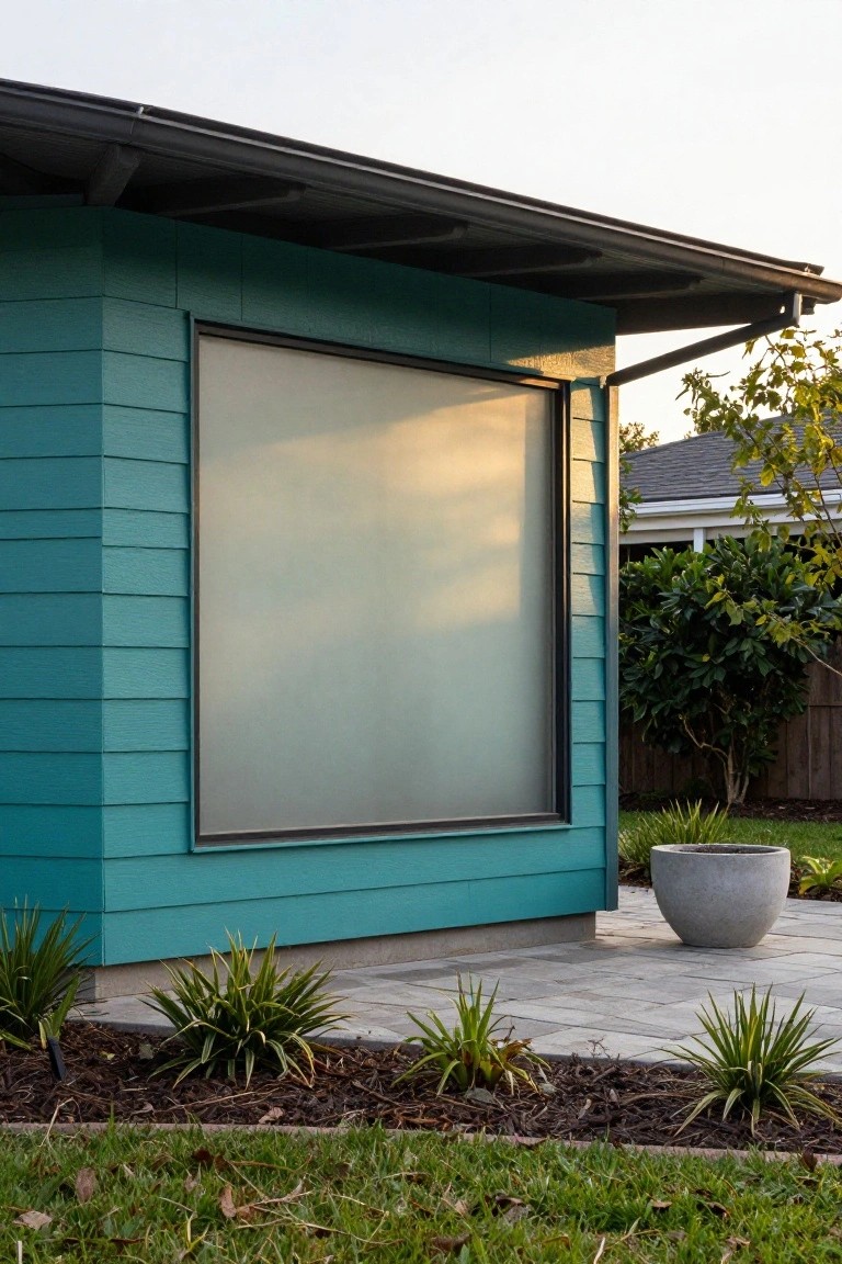 Exterior corner of turquoise horizontal board-and-batten siding on a mid-century modern house with a large square frosted window, dark metal roof overhang, potted plant on pavers, and low grasses in front.